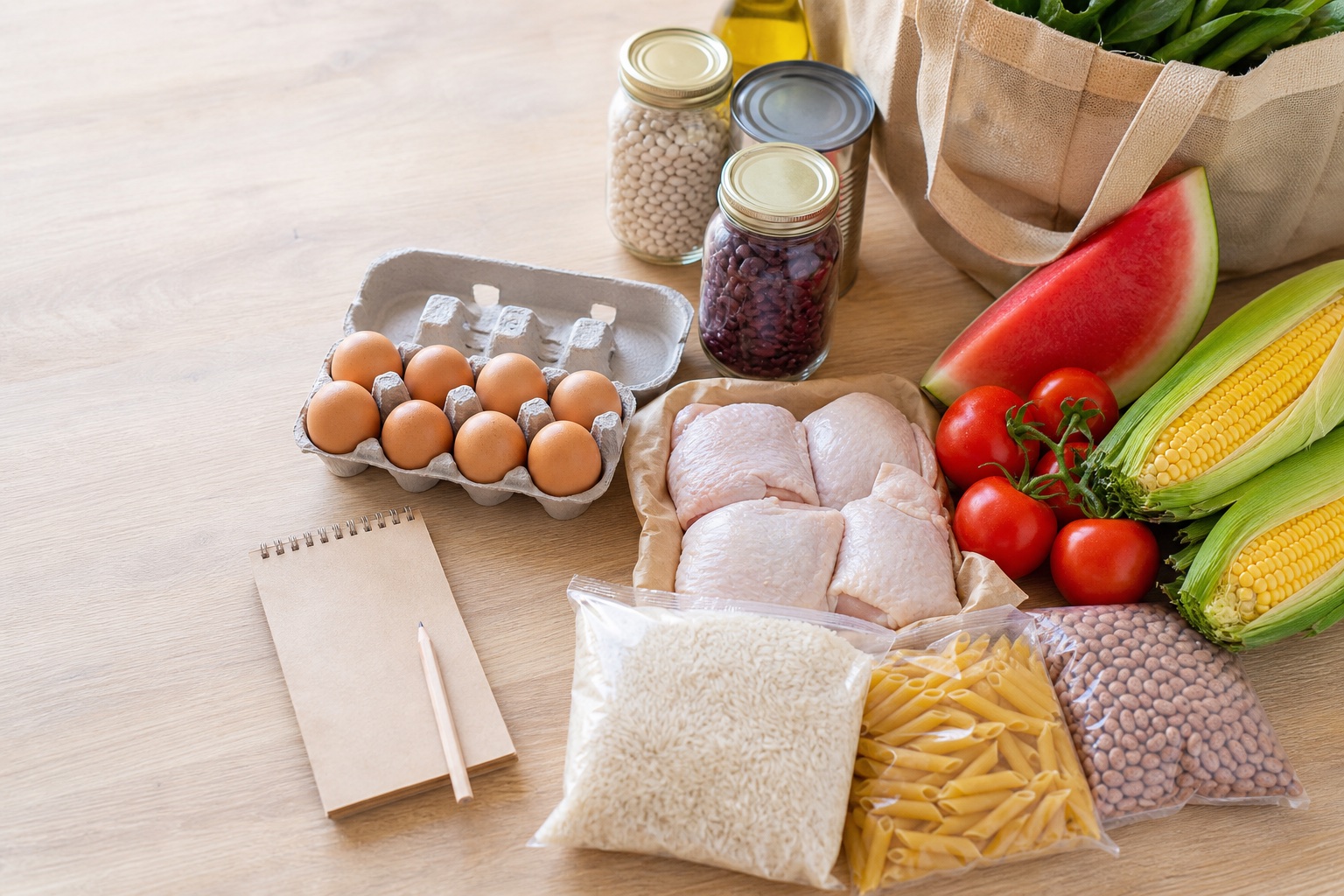 Affordable summer grocery haul — eggs, beans, chicken, corn, tomatoes and watermelon with a budget meal plan on a bright table