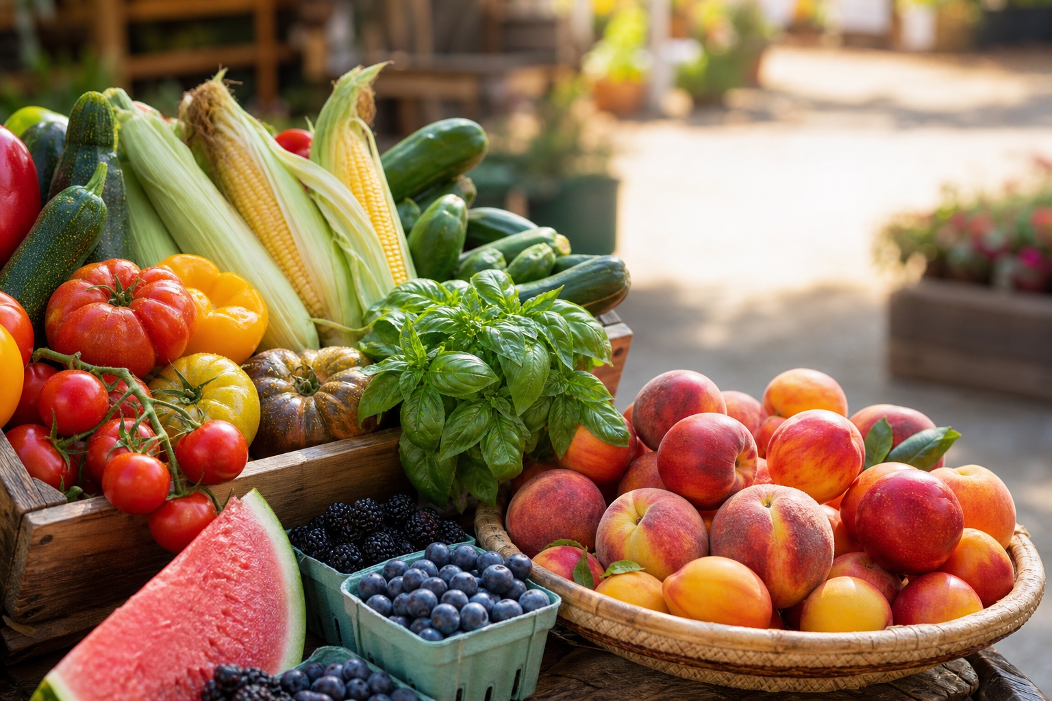 Rustic market crate overflowing with peak summer produce — tomatoes, corn, peaches, berries and basil